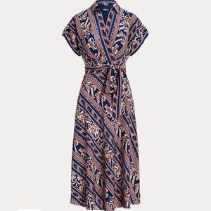 Geo-Stripe Belted Crepe Dress